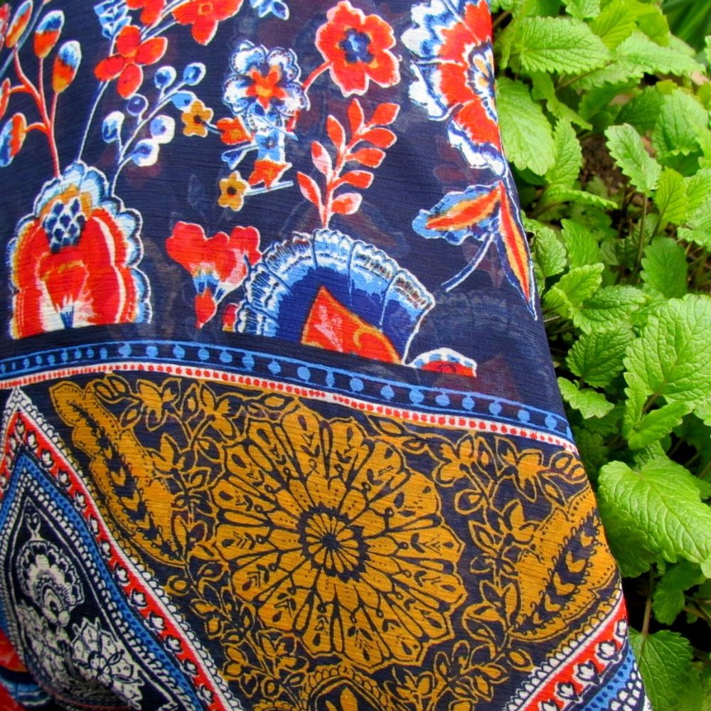 BOHO FESTIVAL DRESS, M, NAVY RED GOLD PRINT, AIRY OVERSKIRT, HANDKERCHIEF HEM - Picture 5 of 9